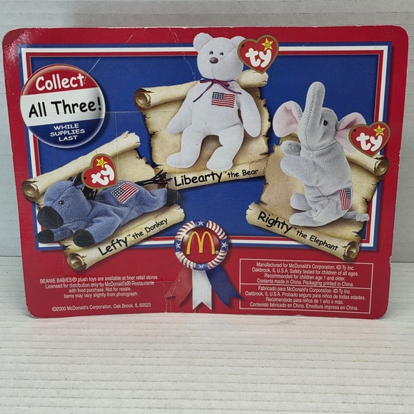 Beanie Baby Lefty the Donkey McDonald's American Trio 2000 USA‎ Flag New NIP - Picture 4 of 6